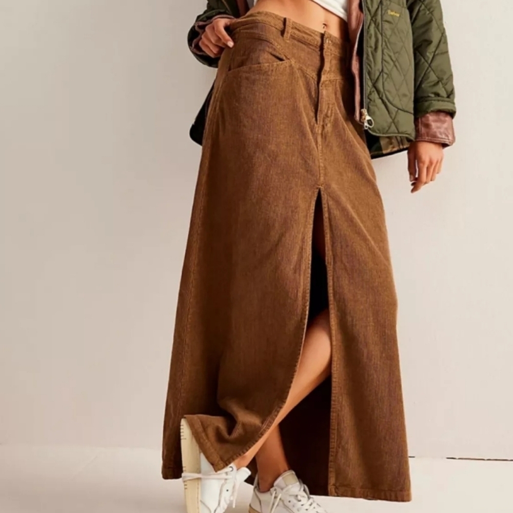 We The Free Come As You Are Corduroy Slit Maxi Skirt Boho Grunge Brown Cottage 0